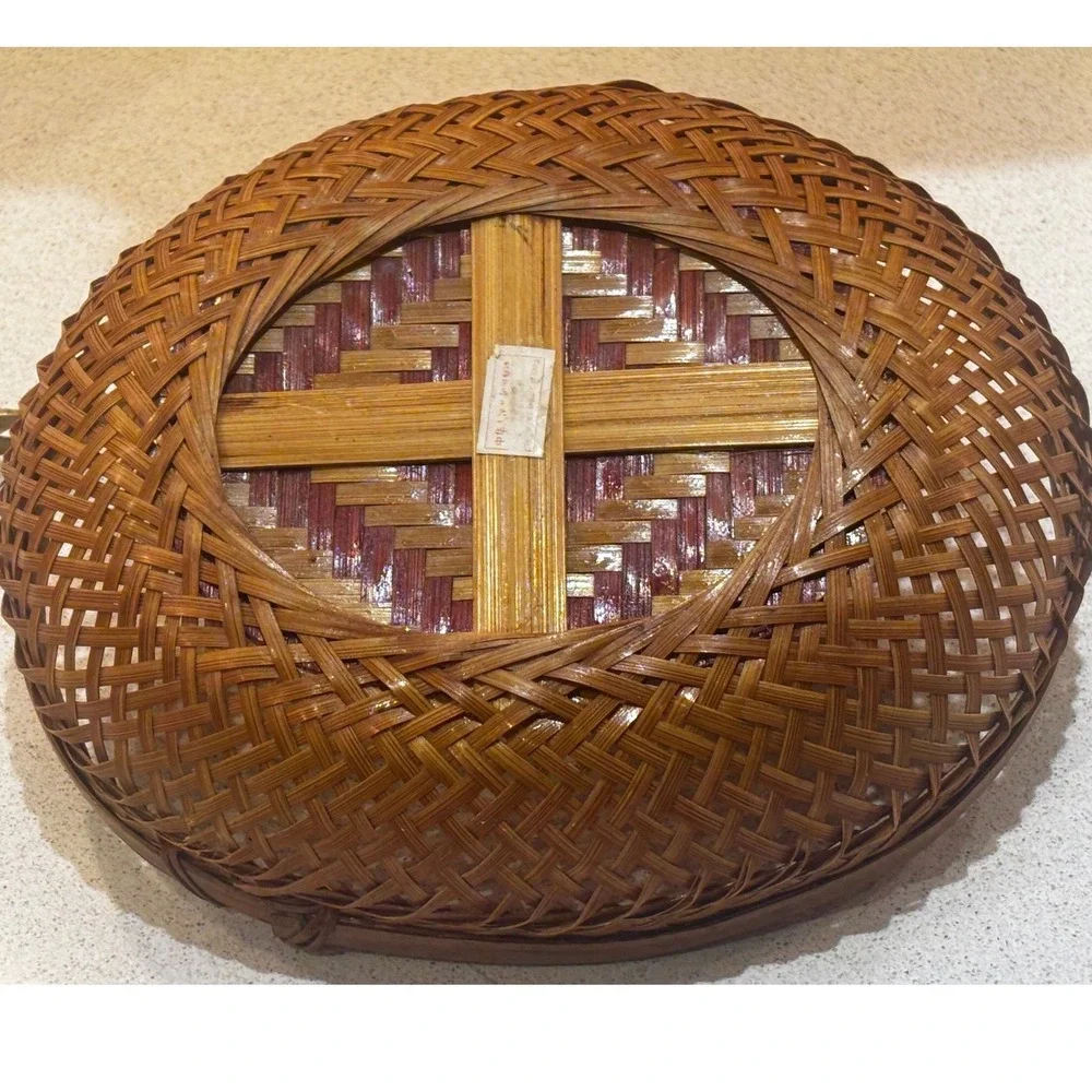 Vintage Woven Bamboo Basket Oval Lattice Diamond Pattern Boho Decor